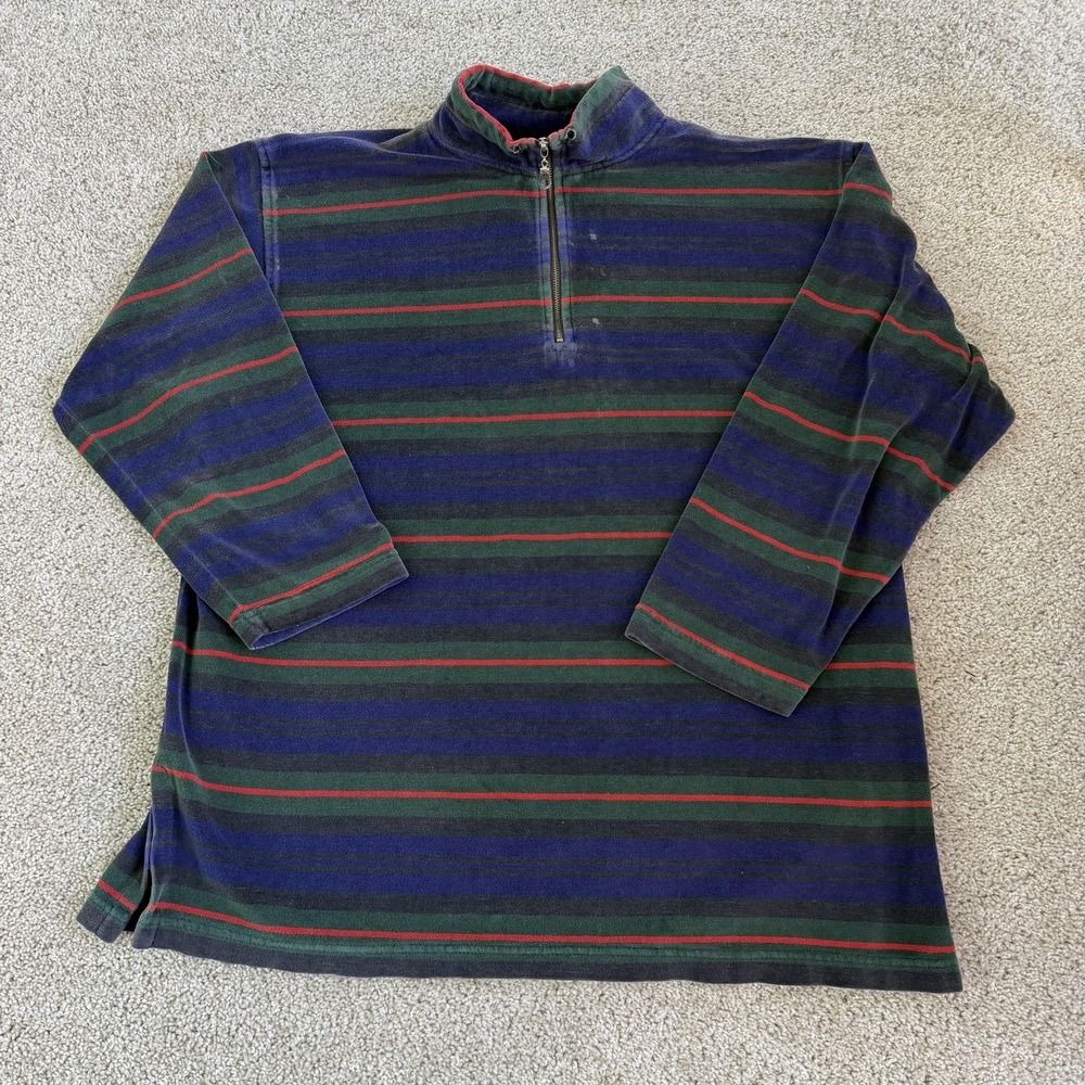 Vintage Optional Sweater Men Large Blue Green Striped Knit 1/4 Zip Mock Pullover